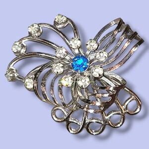 Vintage Silver Tone Blue & White Rhinestone Pendant‎ Brooch Pin